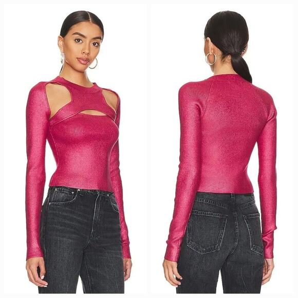NBD Selma Metallic Coated Cut Out Sweater in Magenta XS